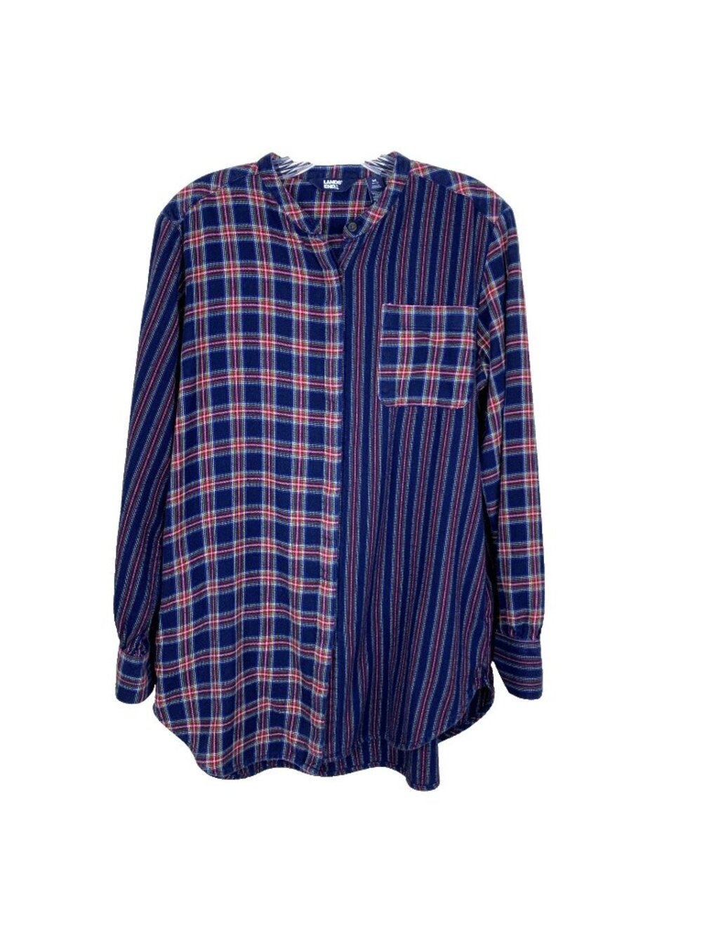 Lands‎ End Womens M 10 12 Flannel Tunic Shirt Plaid Button Down Pockets Blue